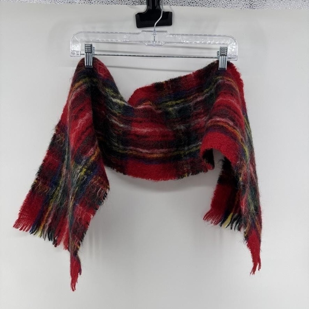 The Edinburgh Woollen Mill Scarf Womens Red Mohair Wool Plaid Fringe Scotland